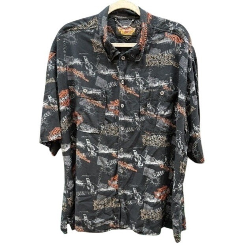 Harley Davidson Mens Black All Over Print Short Sleeve Button Up Shirt L Large